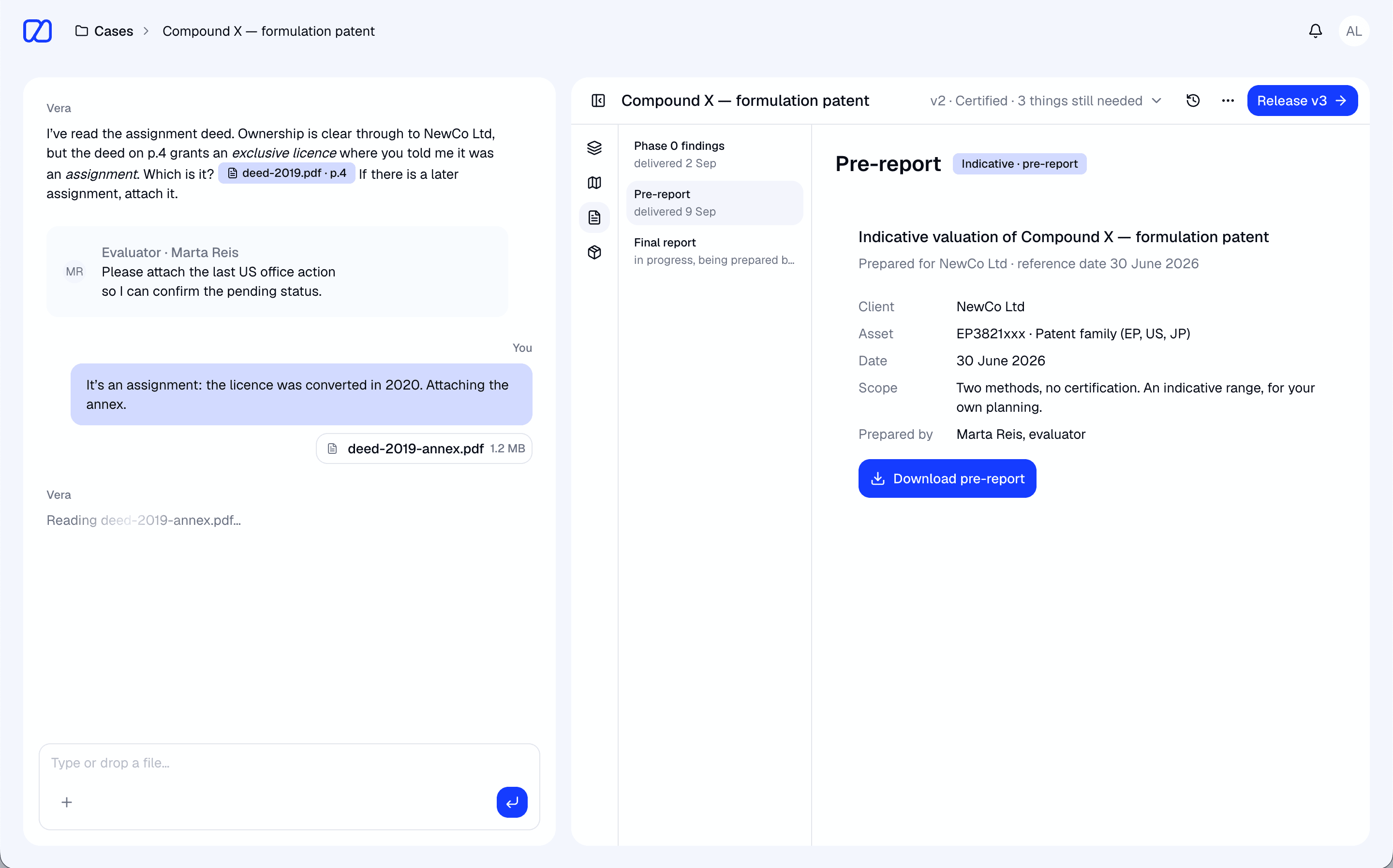 The client workspace: on the left, the assistant asking which of two deeds governs ownership and the client attaching the annex; on the right, the indicative pre-report for the same case.